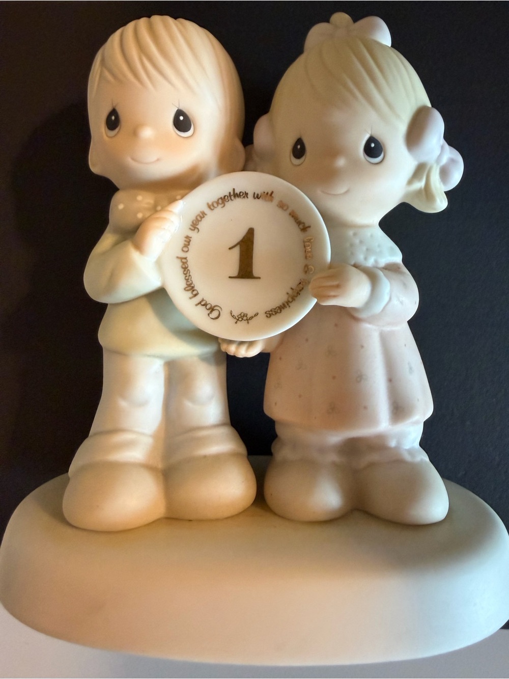 Precious Moments Pastel Boy and Girl Figurine with Gold '1' Plaque
